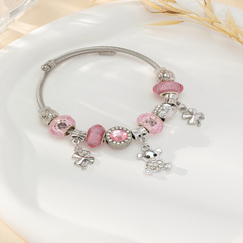 Pulsera Panjia Dora DIY cuentas de aleación de diamante de hoja de oso amor colgante brazalete abierto