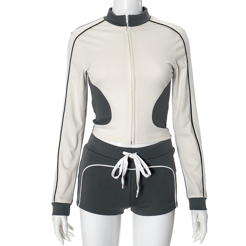 Women Clothing Autumn Sports Tight Hooded Long Sleeve Super Short Shorts Casual Suit
