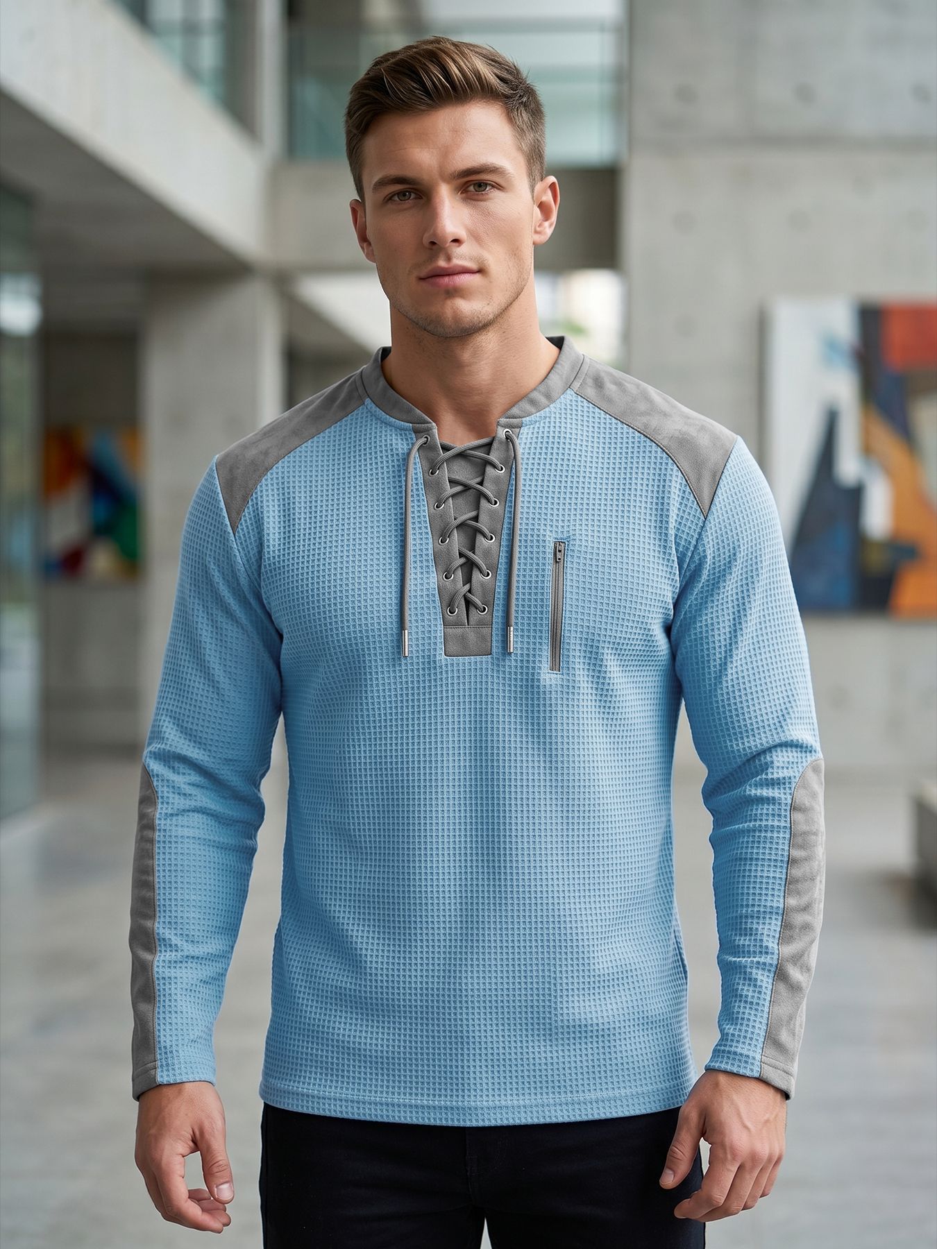 Europa y Estados Unidos transfronterizos hombres primavera y otoño correa chaqueta de color waffle manga larga ocio comercio exterior deporte chaqueta transpirable
