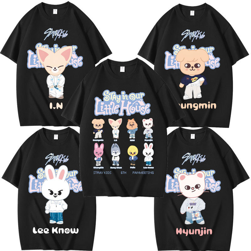 Support Stray Kids with This Stay in Our Little House Group Print Summer Short-Sleeve T-Shirt