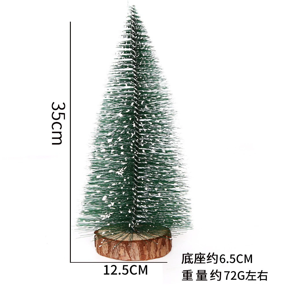 Mini tabletop Christmas tree, snow‑dipped tips, natural wood base, heights 10–40 cm