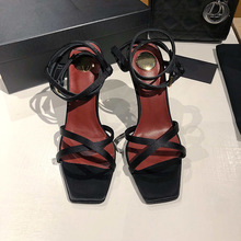 2025夏季新款方头露趾绸缎字母跟凉鞋女一字扣带性感高跟鞋外贸