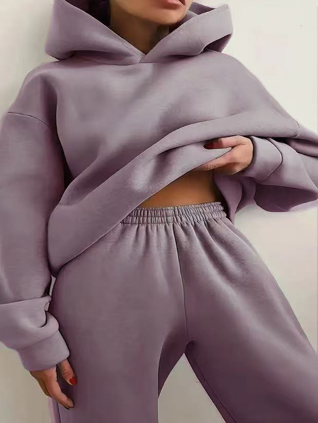European and American Style Casual Comfortable Home Loose Jogging Hooded Knit Sweatshirt and Sweatpants Two-Piece Women's Set