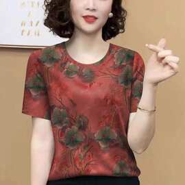 时尚休闲复古印花圆领短袖T恤女装夏季薄款宽松减龄显瘦打底上衣