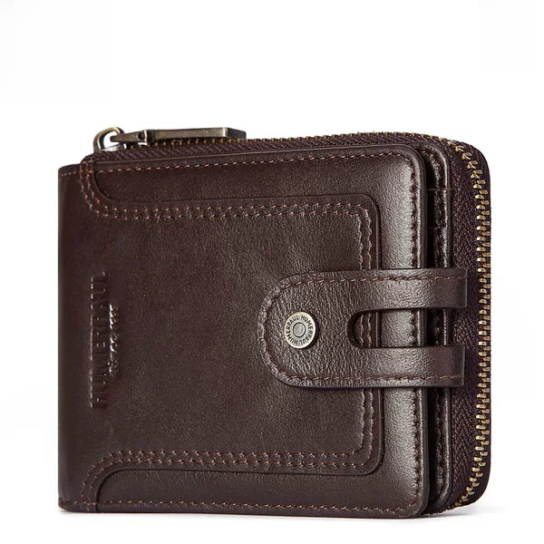 Rfid Anti-Theft Genuine Leather Wallet, Top-Layer Cowhide Short Coin Purse with Zipper, European and American Retro Leather Goods, Men's Portable Wallet