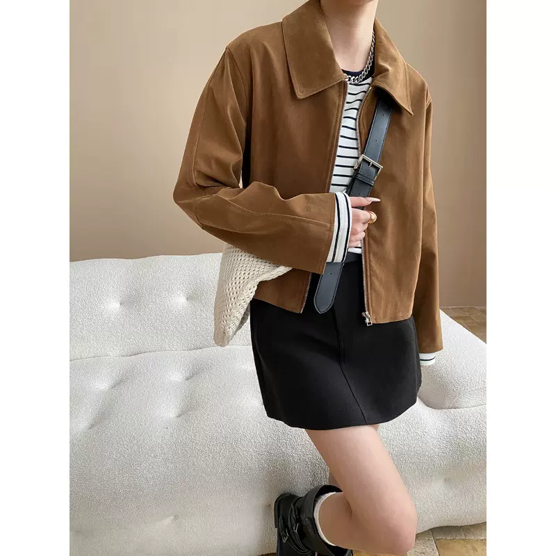 司南 摩登街头 美拉德棕色复古翻领休闲短款拉链夹克外套 SN7820