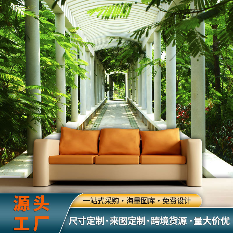 跨境货源定制壁画自然风景墙纸空间延伸感壁纸绿荫树藤背景墙壁布