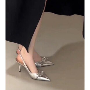Spring 2025 New High Heeled Naked Color Baotou Empty Sweet Bow Thin Heeled Pointed Elegant High Heeled Sandals for Women