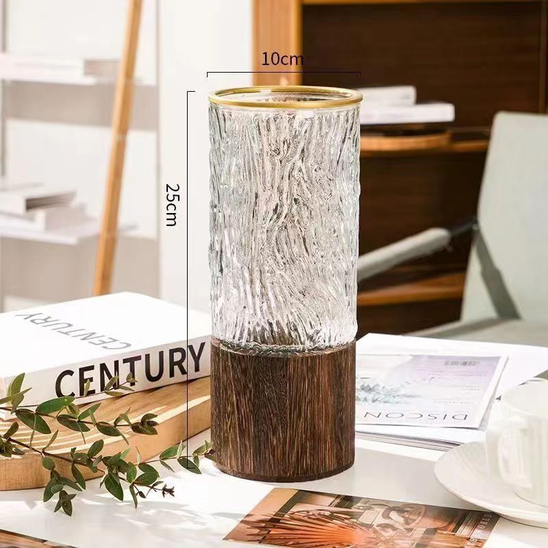 Florero de vidrio con soporte de madera de lujo ligero, decoración de flores hidropónicas, sala de estar de bambú rico, decoración de arreglos florales al por mayor