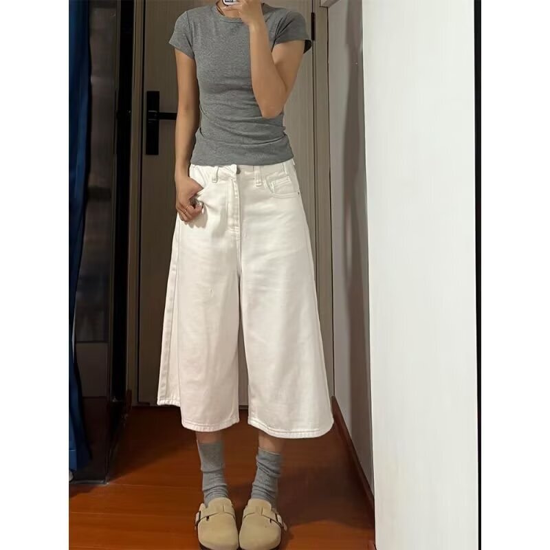 Vintage Blue Plus-Size American-Style Washed Cropped Jeans for Women, Summer 2025 New High-Waisted Straight Wide-Leg Pants