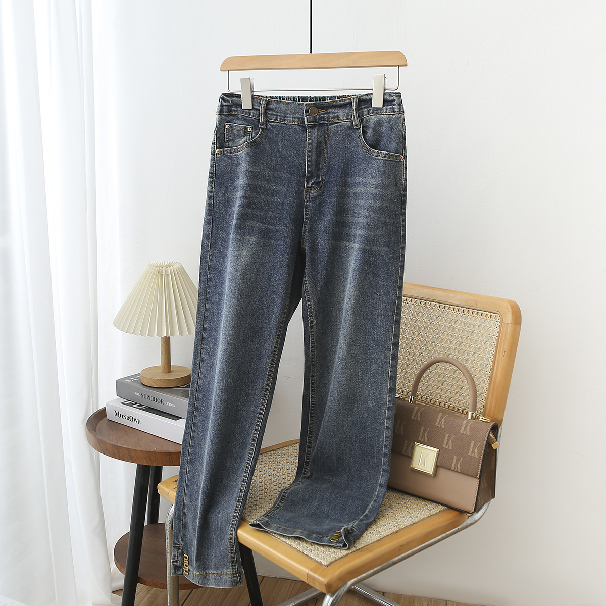 Plus Size Women's Spring Fashionable Ankle Slit Semi-elastic Waist High Elastic Slim Baguette Jeans732630