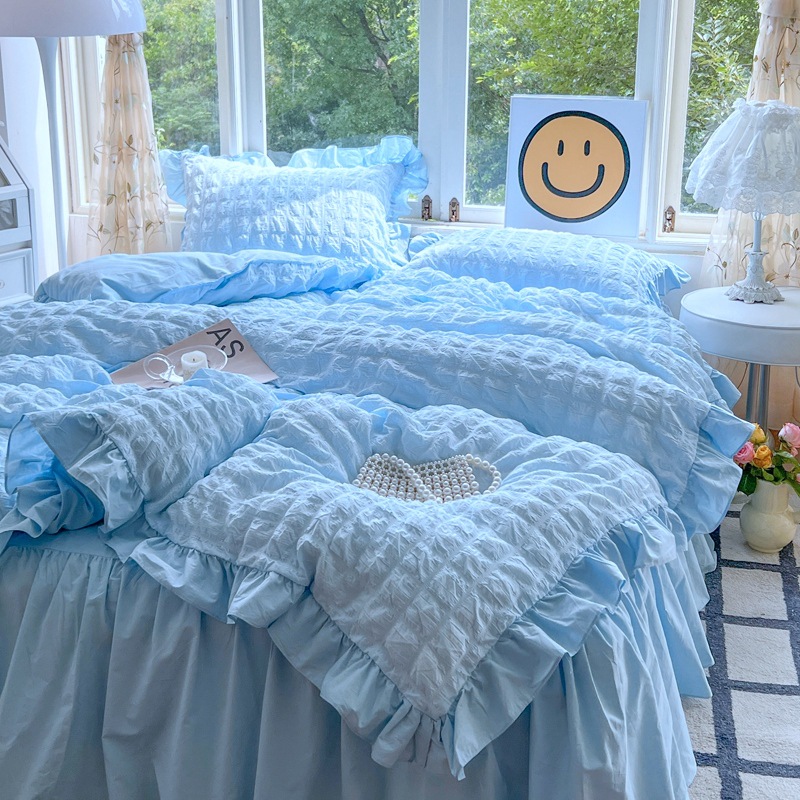 Seersucker Bed Skirt 4 피스 세트 침구 한국식 Ins Girl's Washed 코튼 퀼트 커버 침대 시트 기숙사 3 피스 세트 4