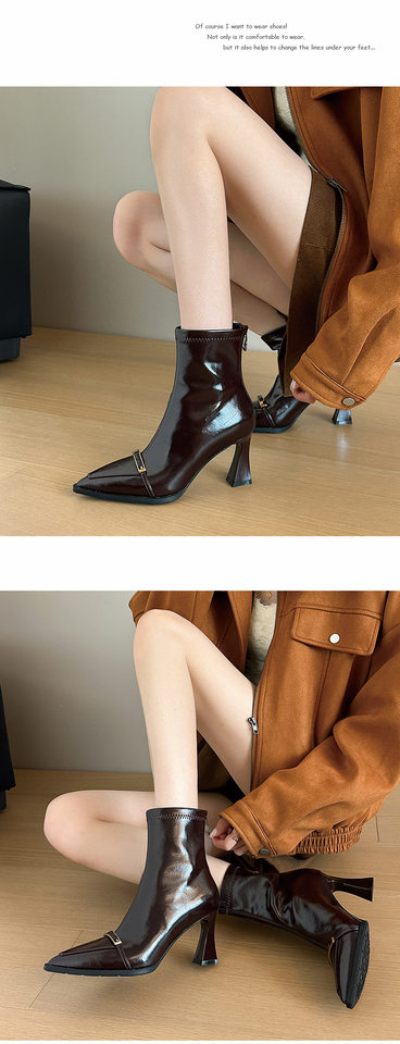 Bốt nữ cổ ngắn mũi nhọn gót cao 6–8 cm mặt bóng co giãn khóa kim loại khóa kéo sau — màu nâu, đen chi tiết 7
