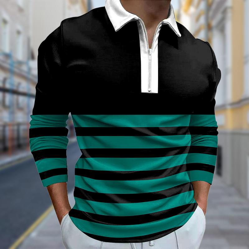 Camisa POLO de solapa de hombre básica simple con estampado digital, camisa delgada de manga larga con cremallera MB14