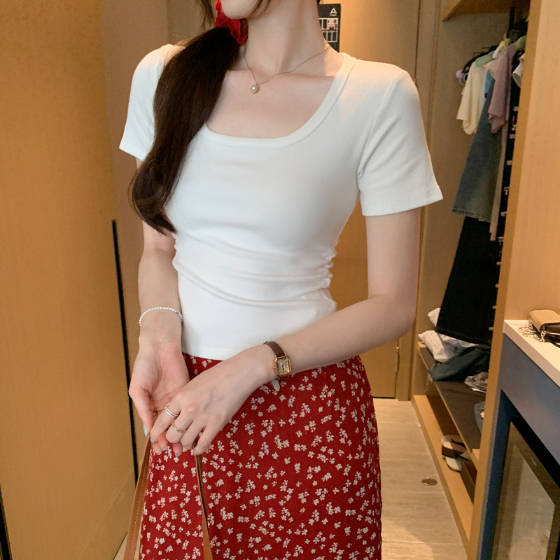 Spot Korean Style Simple Casual U-Neck Right Shoulder Short-Sleeved T-Shirt for Women 2025 Summer New Yellow Exquisite Top for Women