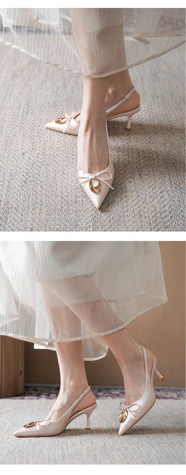 Sandal cao gót nữ mũi nhọn bít mũi đính nơ khóa kim loại, gót 6–8 cm — Màu hồng nhạt, Màu trắng ngà, Màu vàng nhạt chi tiết 11