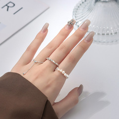 S925 Pure Silver Square Asymmetric Silver Dust Pearl Ring, Japanese and Korean Fashion, Elegant and Simple Women's Ring