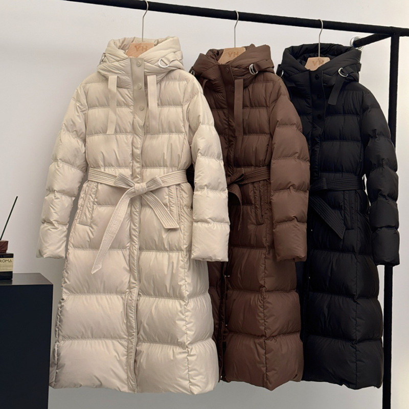 2024 Winter New Thickened Down Jacket Women's Long Over-knee Lace-up Waisted Slim-Fit Warm Jacket European Fashion