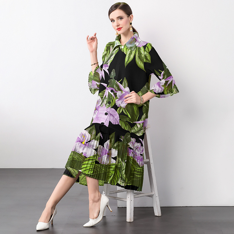 Miyake Style Bell-Sleeve Ruffle Print Trench Dress for Women, Long-Sleeve, Waist-Cinching, Pleated Cardigan-Style Dress, Extended Length