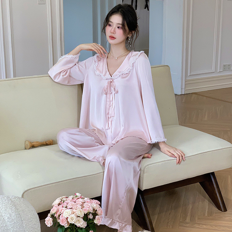 French-Style Pajamas Autumn New Satin Thin Palace Style Sweet Cute Long-Sleeve Long Pants Loungewear Two-Piece Set