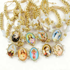 欧美轻奢复古手工编织可调节手绳仿贝珍珠十字架圣母吊坠手链饰品