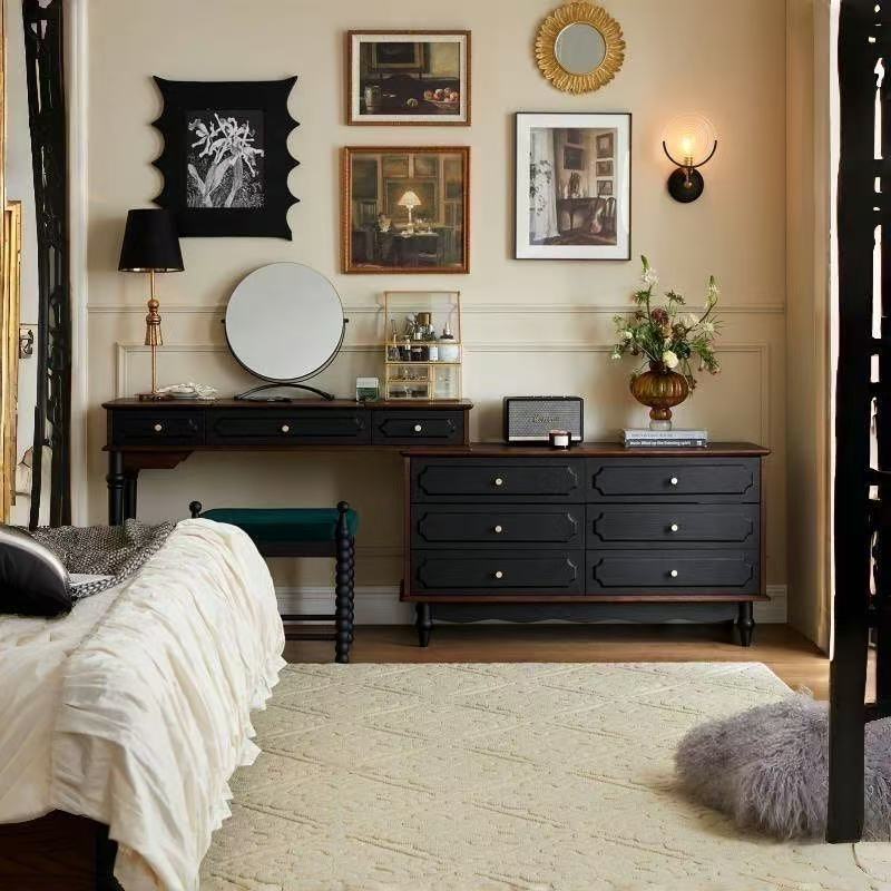 Retro Walnut Color Solid Wood Dresser and Cupboard Integrated Makeup Table Storage Cabinet Medieval Bedroom Bedside Dresser