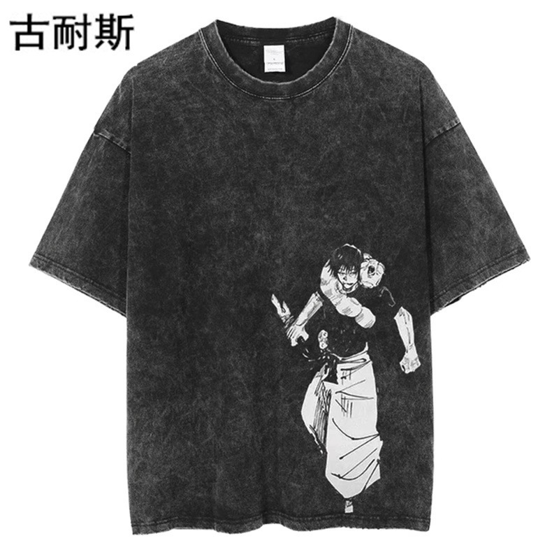 速卖通eBay复古国潮纯棉t恤潮夏季短袖宽松水洗做旧情侣上衣批发