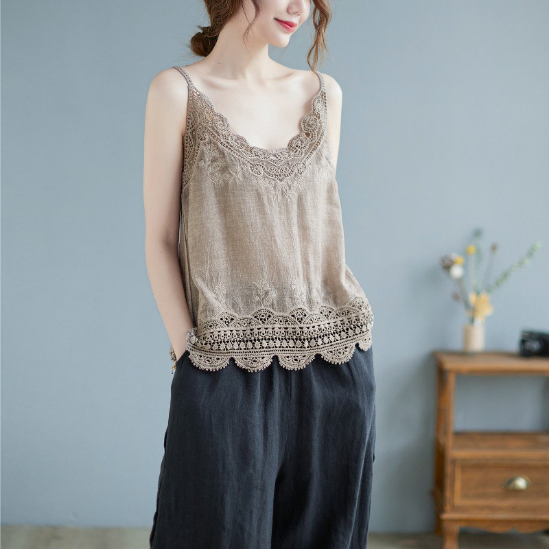 Japanese Export Surplus Women's Clearance Hollow-Out Crochet Inner Top Cotton Linen Camisole