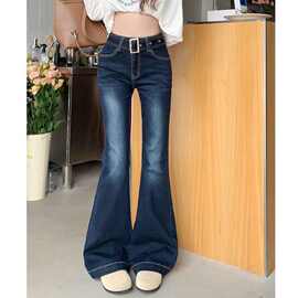 辣妹水洗微喇叭牛仔裤女深蓝色阔腿小个子高腰修身弹力显瘦马蹄裤