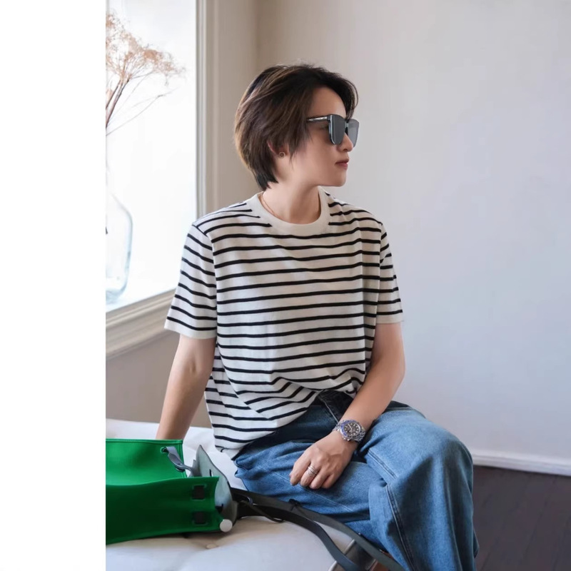 Max's 2026 Spring and Summer New Women's Fashion Trendy Versatile Casual Striped Cotton Round-Neck T-Shirt Short Sleeve