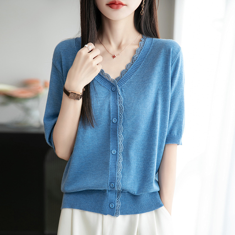 Wholesale Worsted Wool V Neck Knitted Cardigan Short-Sleeved Women's 25Th Summer New Pure Color Lace Loose Top
