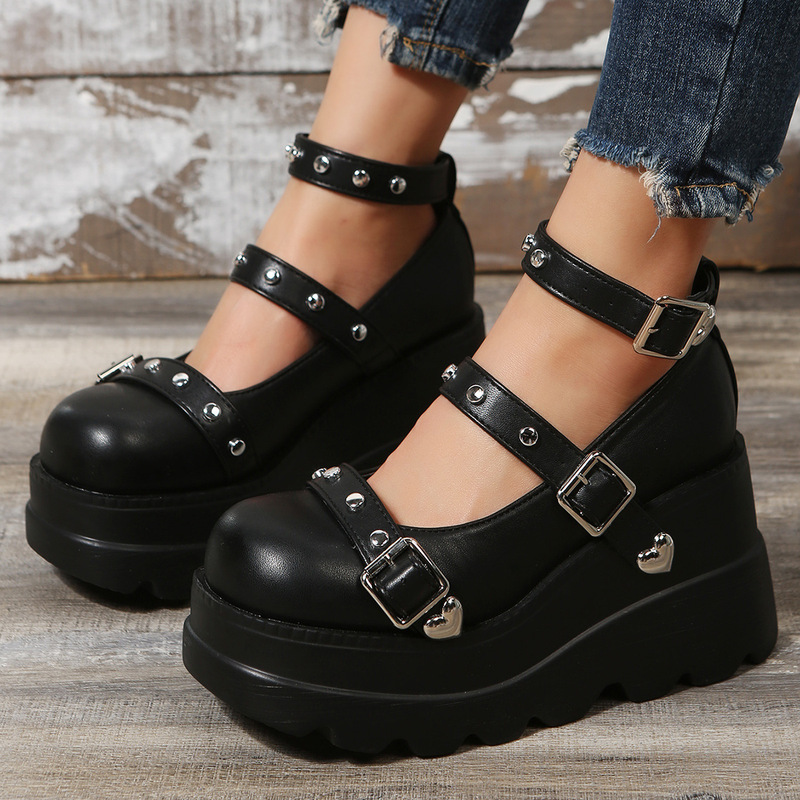 Women's thick-soled shoes black muffin thick-soled wedge heel high heel love buckle women's single-layer shoes Japanese-style sweet princess shoes