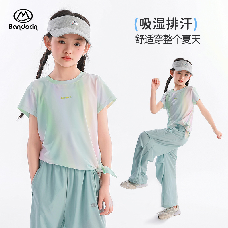 【カジュアルスーツ】女の子夏新作ツーピーススポーツワイドパンツ中大子供用薄手Tシャツ|undefined