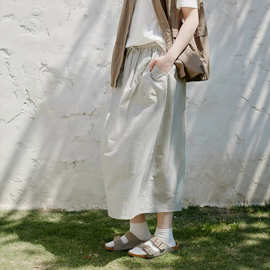 跨境女松紧腰百搭休闲口袋半身裙Women Elastic Waist Midi Skirt