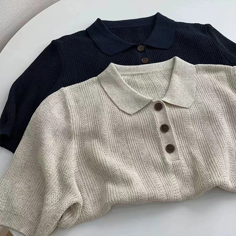 Hong Kong Style Retro Chic Half-Button Lapel Knitted Short-Sleeved T-Shirt Top Stylish Age-Reducing Contrast Polo Collar Base Shirt