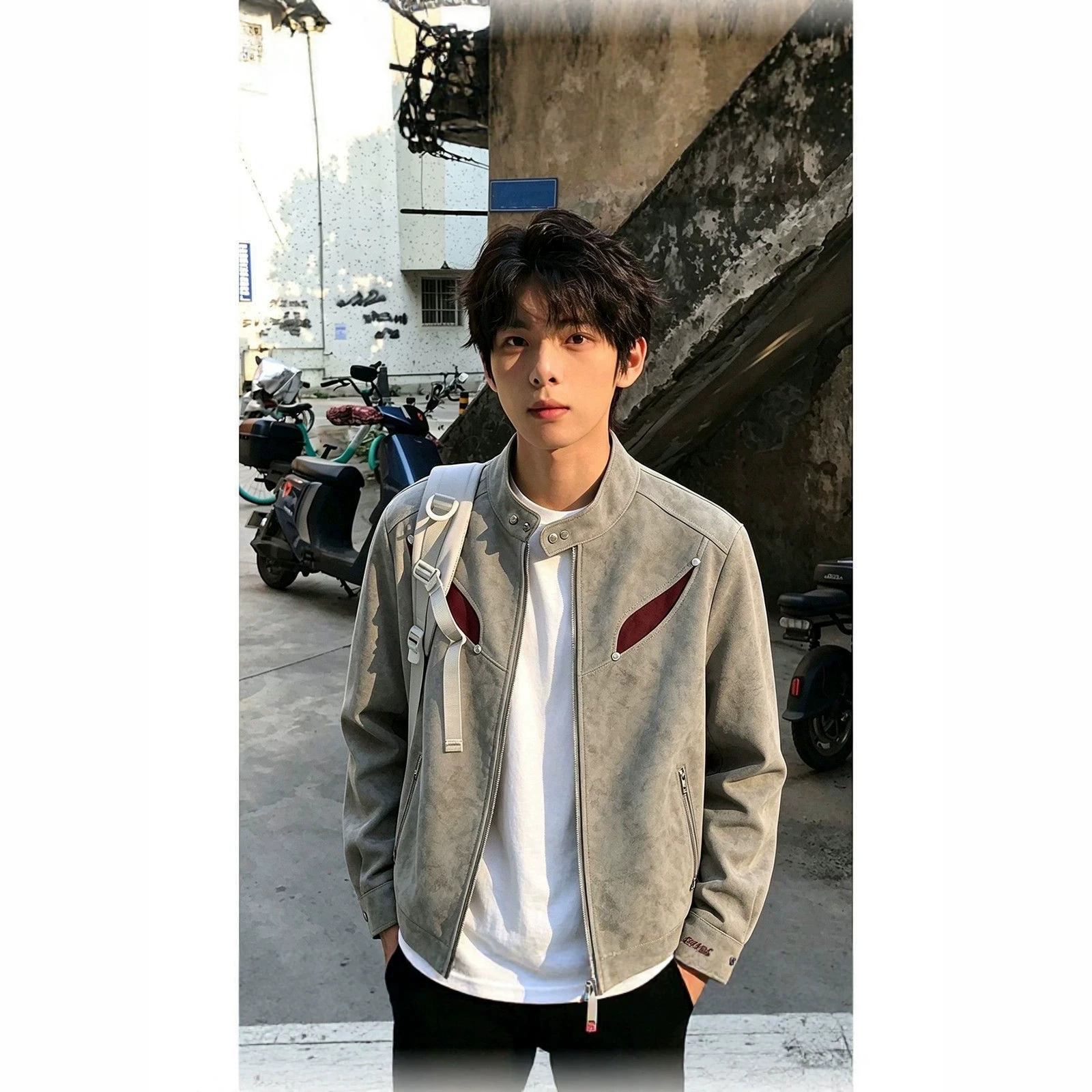 美式雾面扎染撞色皮衣外套男款秋季立领飞行员夹克廓形机车棒球服
