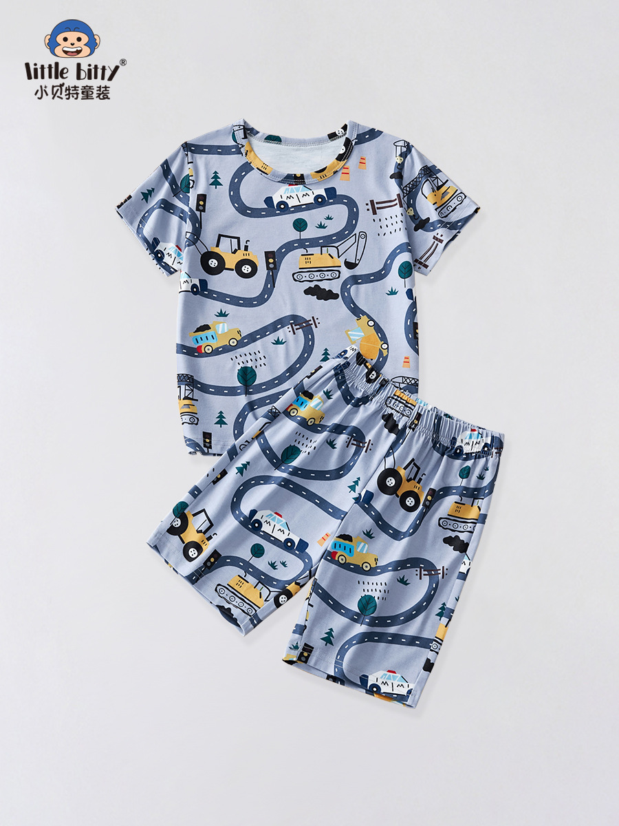 2024 Summer New Children's Cartoon Car Suit Boys Children's Short Sleeve Shorts Small and Medium-Sized Children's Suit