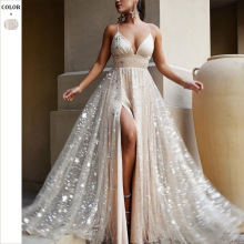 2025夏季新欧美亚马逊吊带收腰开衩亮晶晶拖地大摆长裙连衣裙女装
