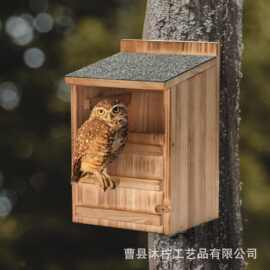 跨境木质猫头鹰窝户外悬挂鸟窝喂食器实木鸟房子繁殖箱蜂鸟窝鸟巢