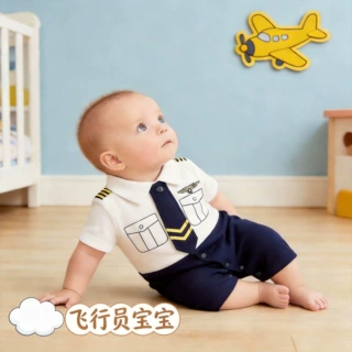 婴儿短袖连体衣机长夏季小男孩薄款衣服宝宝周岁礼服绅士夏天哈衣