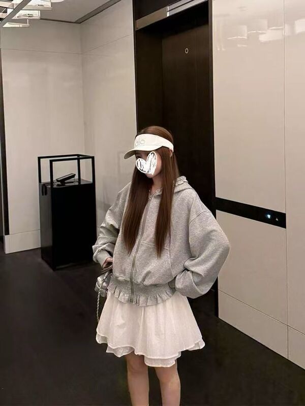 【自家工厂现货】韩系拉链连帽卫衣外套女外搭开衫木耳边长袖上衣|undefined