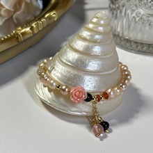 韓版精致小花粉珍珠手鏈個性ins紫珍珠瑪瑙銀光星白水晶時尚手飾