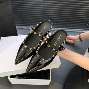 2025 Spring and Summer New Cyber Celebrity Rivet Pointed Height-increasing Half Slippers Women's Top-fitting Outer Wear Sandals with Low Heel