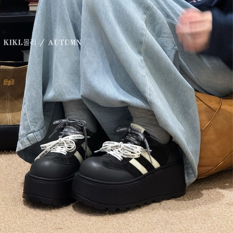 早秋复古板鞋女ins潮2025新款厚底软底松糕鞋拼色真皮休闲运动鞋|undefined