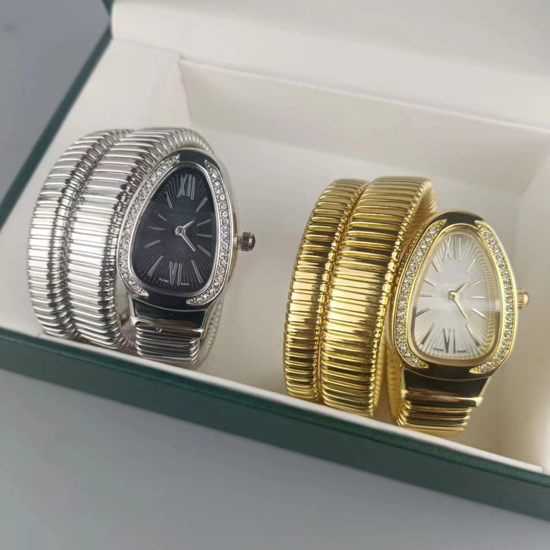 Fashion creative snake-shaped two-ring steel belt watch women's personality full diamond cross-border quartz watch factory wholesale