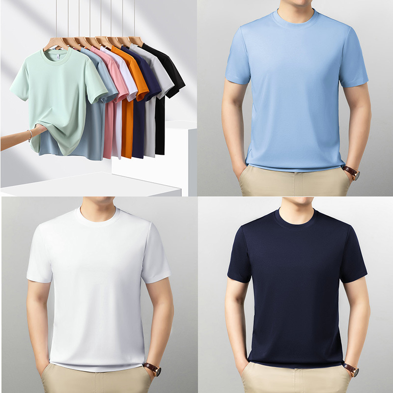 High-quality new model men's T-shirt made of mulberry silk, suitable for young and middle-aged individuals, loose fit, casual and versatile, wrinkle-free, round neck, seamless, short-sleeved High-quality new model men's T-shirt made of mulberry silk, suitable for young and middle-aged individuals, loose fit, casual and versatile, wrinkle-free, round neck, seamless, short-sleeved