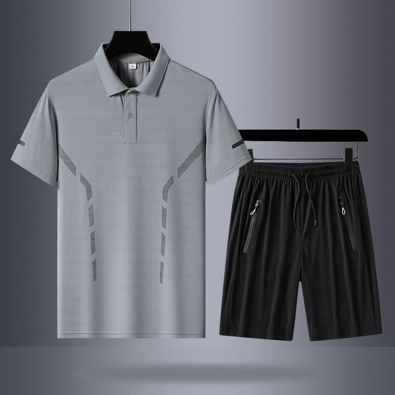 Camiseta de polo de hombre de verano con solapa casual camiseta de manga corta fría delgada camiseta de secado rápido pantalones cortos de dos piezas al por mayor