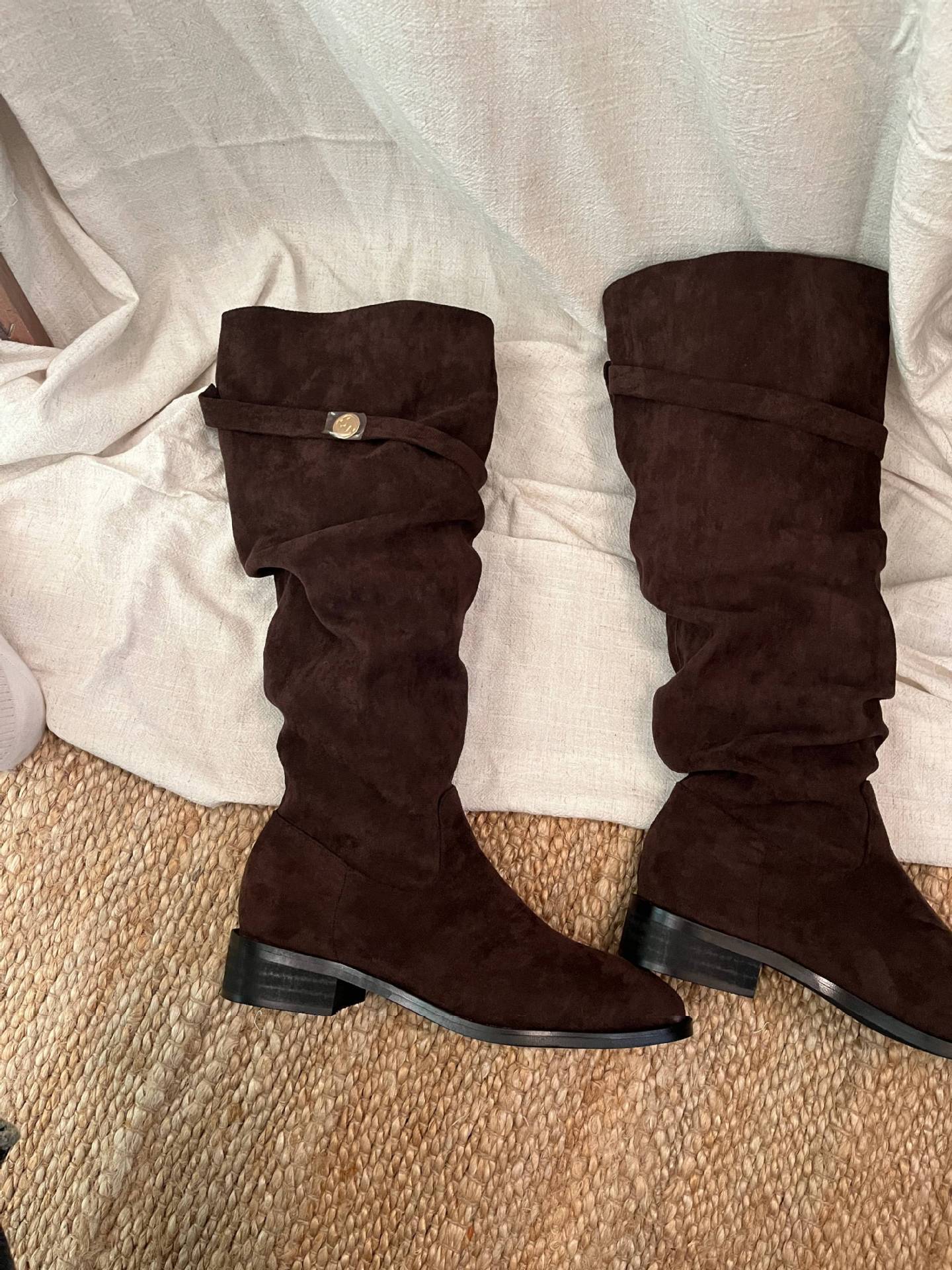 ShoeVault 2024 Chunky Heel Retro Fleece-Lined Coffee Color Riding French Style Slim Bare Autumn Winter Women's Over-the-Knee Boots_voghion.com