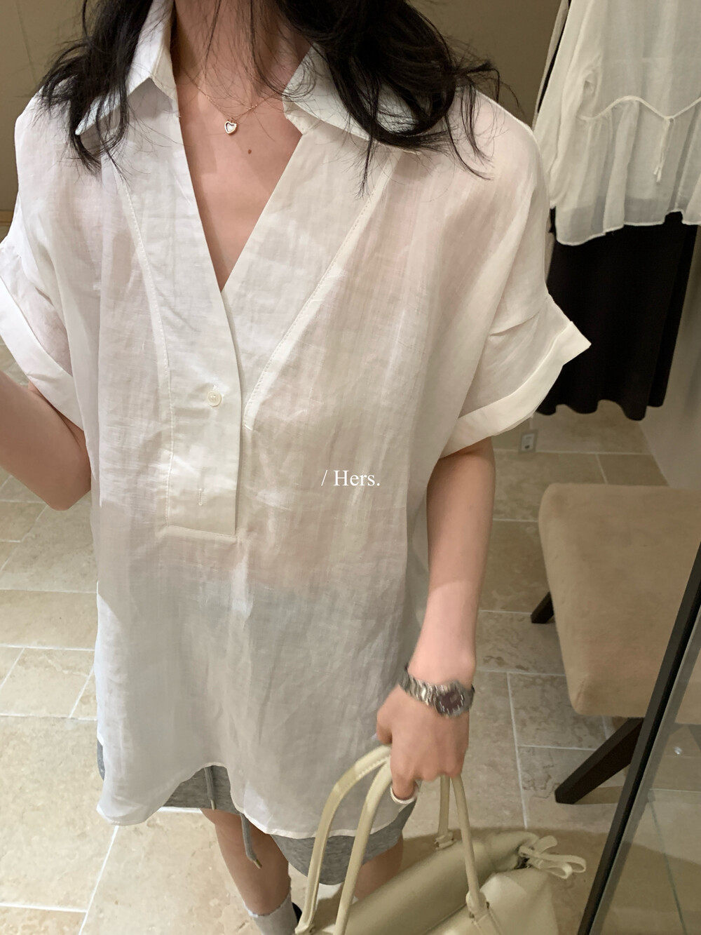 Áo sơ mi nữ linen tay ngắn cổ V phong cách Pháp — nghệ, màu hồng, màu trắng, màu mơ chi tiết 35