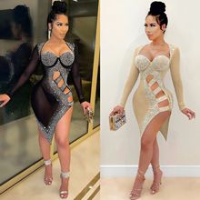 X5207跨境新品欧美时尚女装性感夜店镂空开叉网纱透视烫钻连衣裙